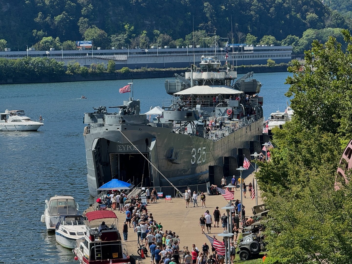 The USS LST 325 has sailed into Pittsburgh and is available to be toured. Tomorrow is its last day before it moves on down the river.  It is docked along the North Shore appropriately near the WW2 memorial. 

The USS LST-325 is a historic tank landin