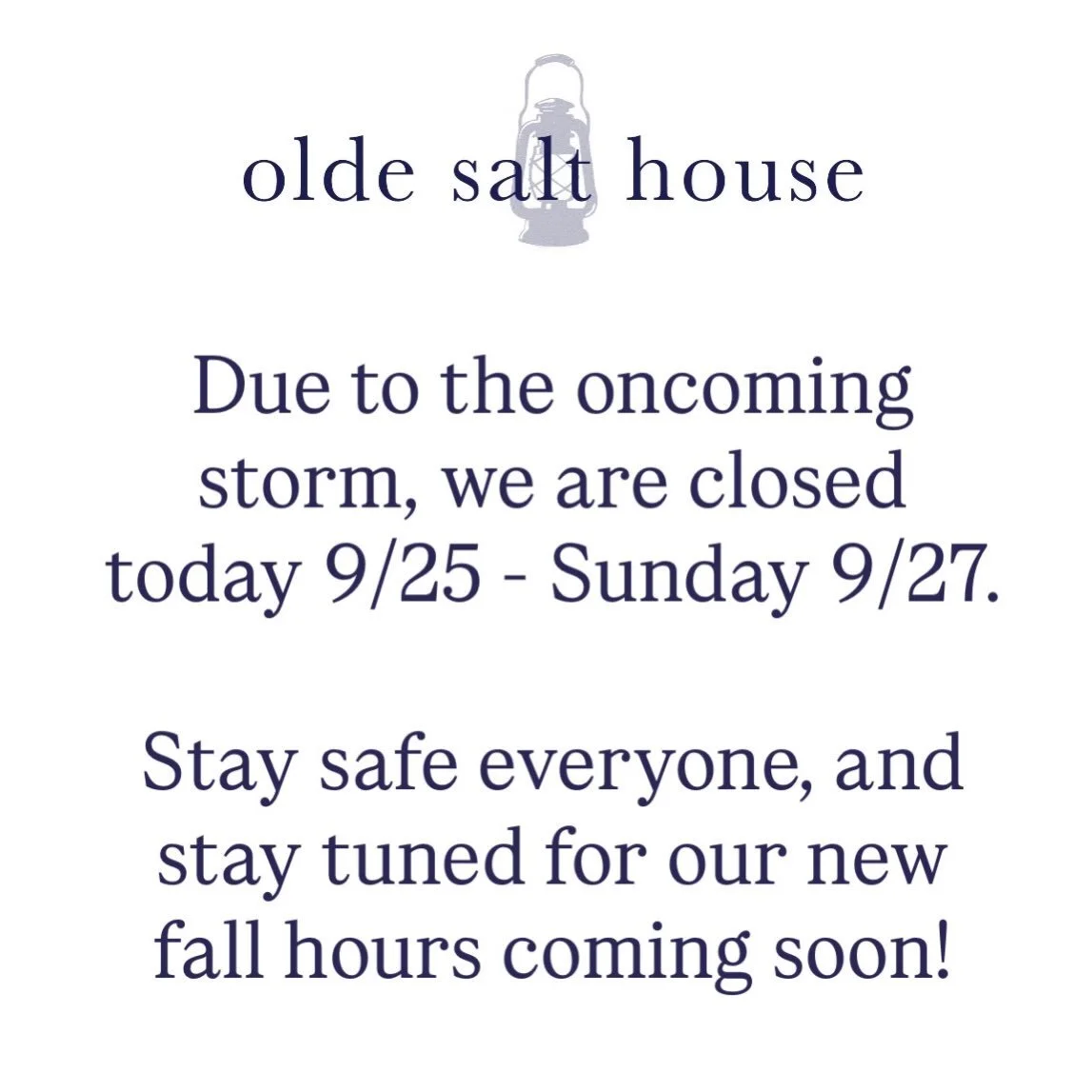 We are closed today through Sunday, due to the oncoming storm. Stay safe everyone, and we&rsquo;ll see you next week!