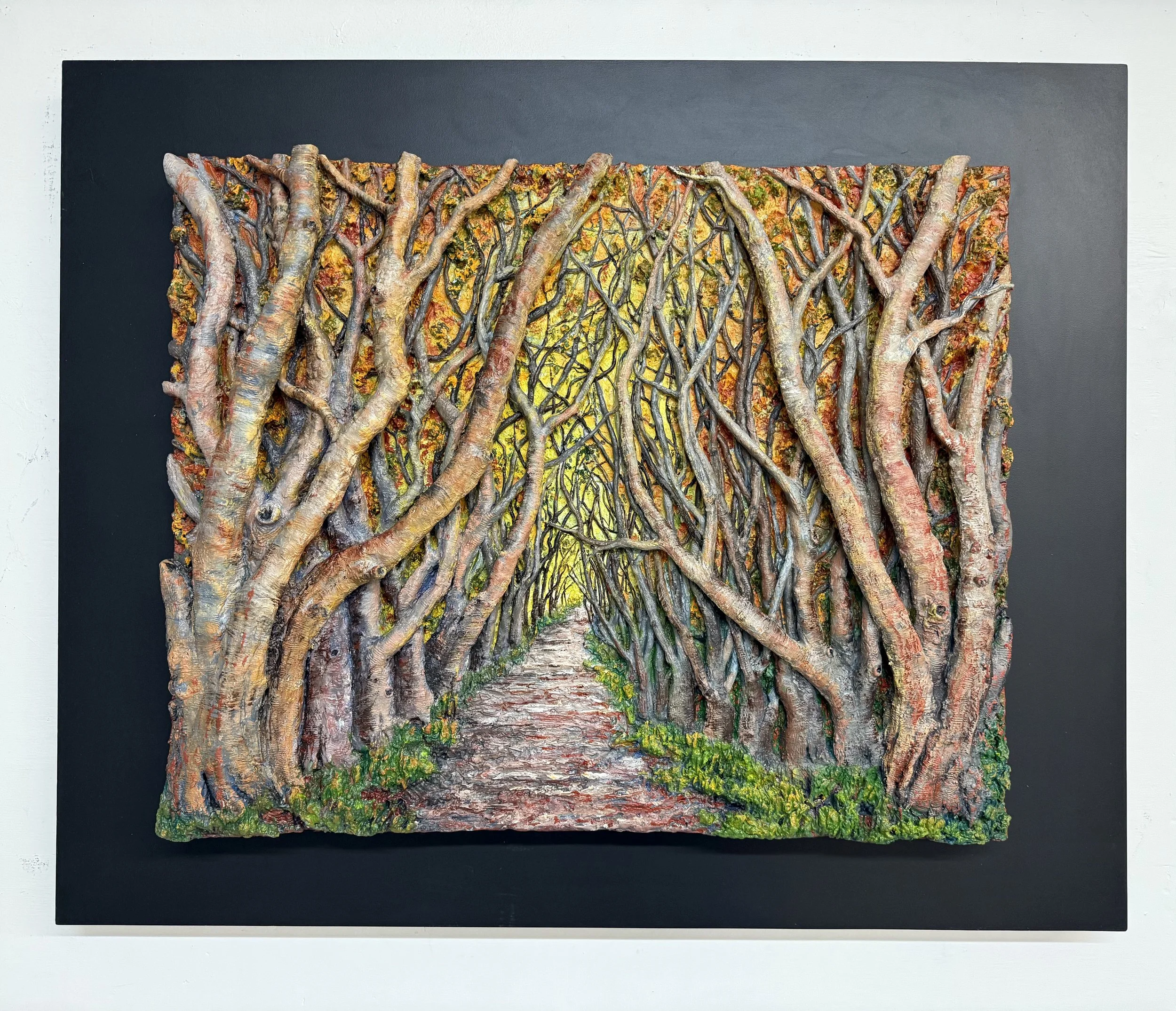 Enchanted Forest,   black frame.  
47.5”wide, 37.5” high
