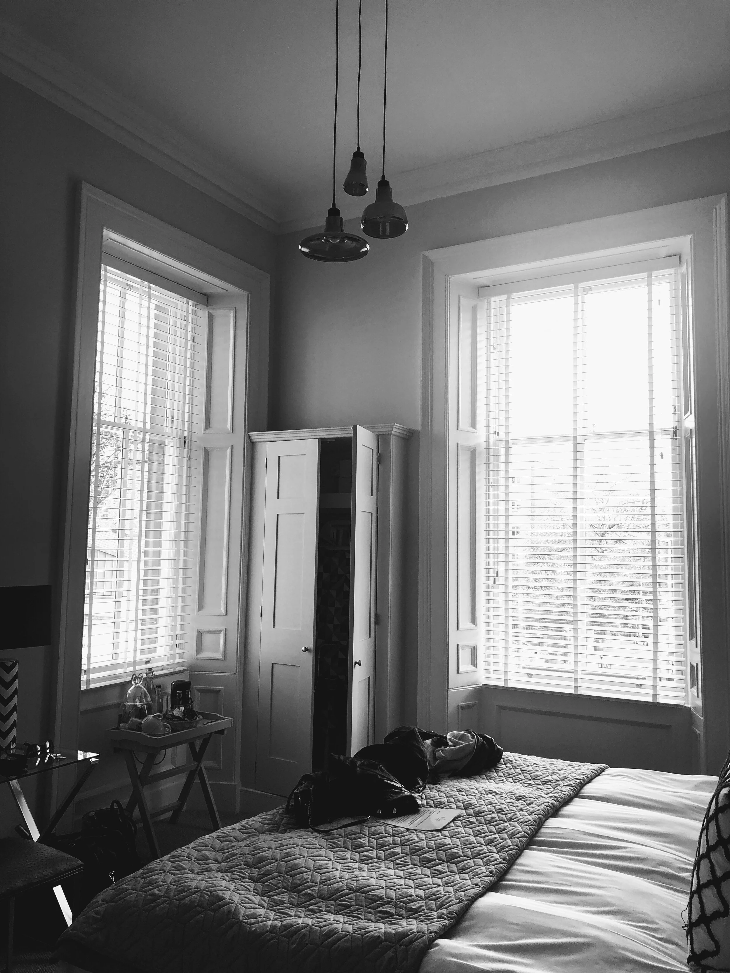 A black and white version of our hotel room