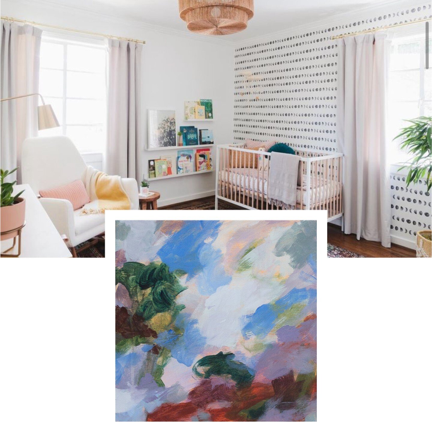 How perfect would &ldquo;Hush&rdquo; be in this nursery by @adidstudio? ☁️🍃 Often my paintings end up in nurseries, and I&rsquo;m so honored every time that happens. I love the idea of investing in an original piece of art (colorful but sophisticate