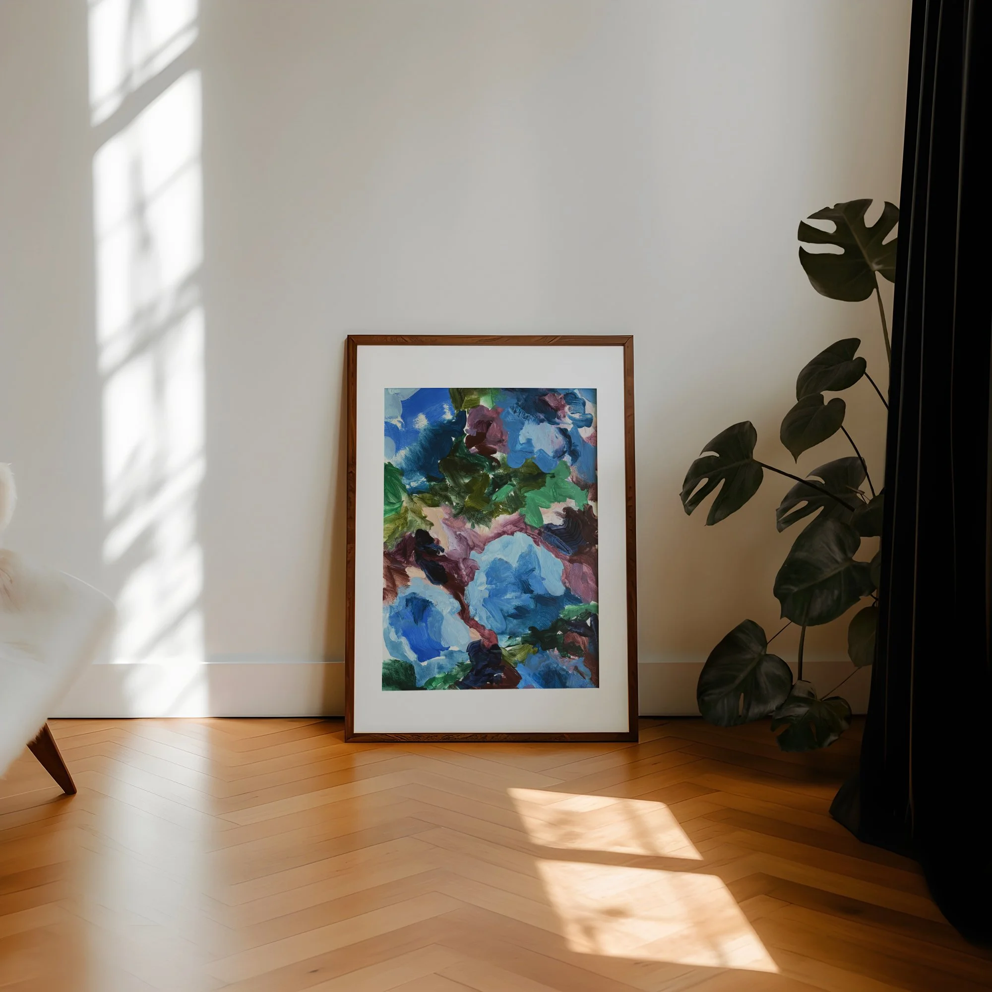 Blue abstract flower painting framed on paper 2.jpg
