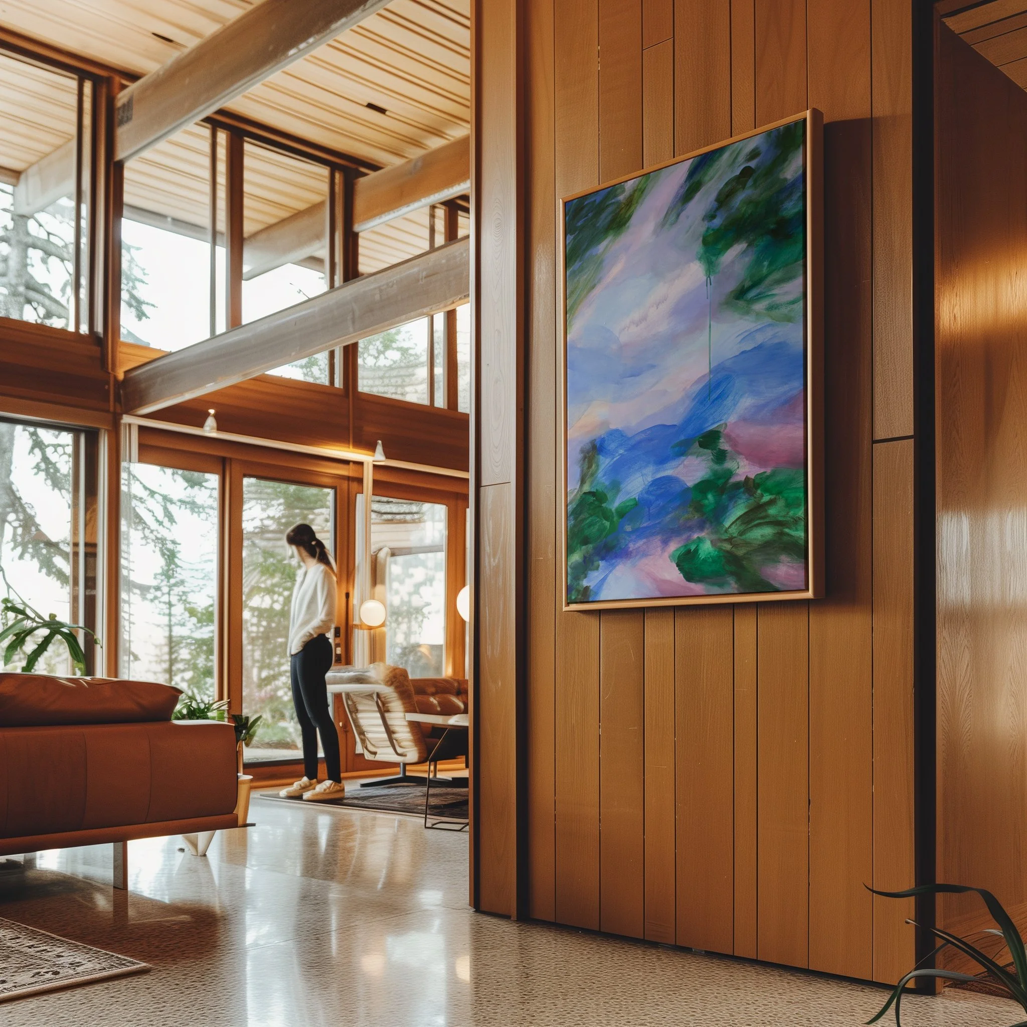 Blue and green abstract painting in a mid-century home.jpg
