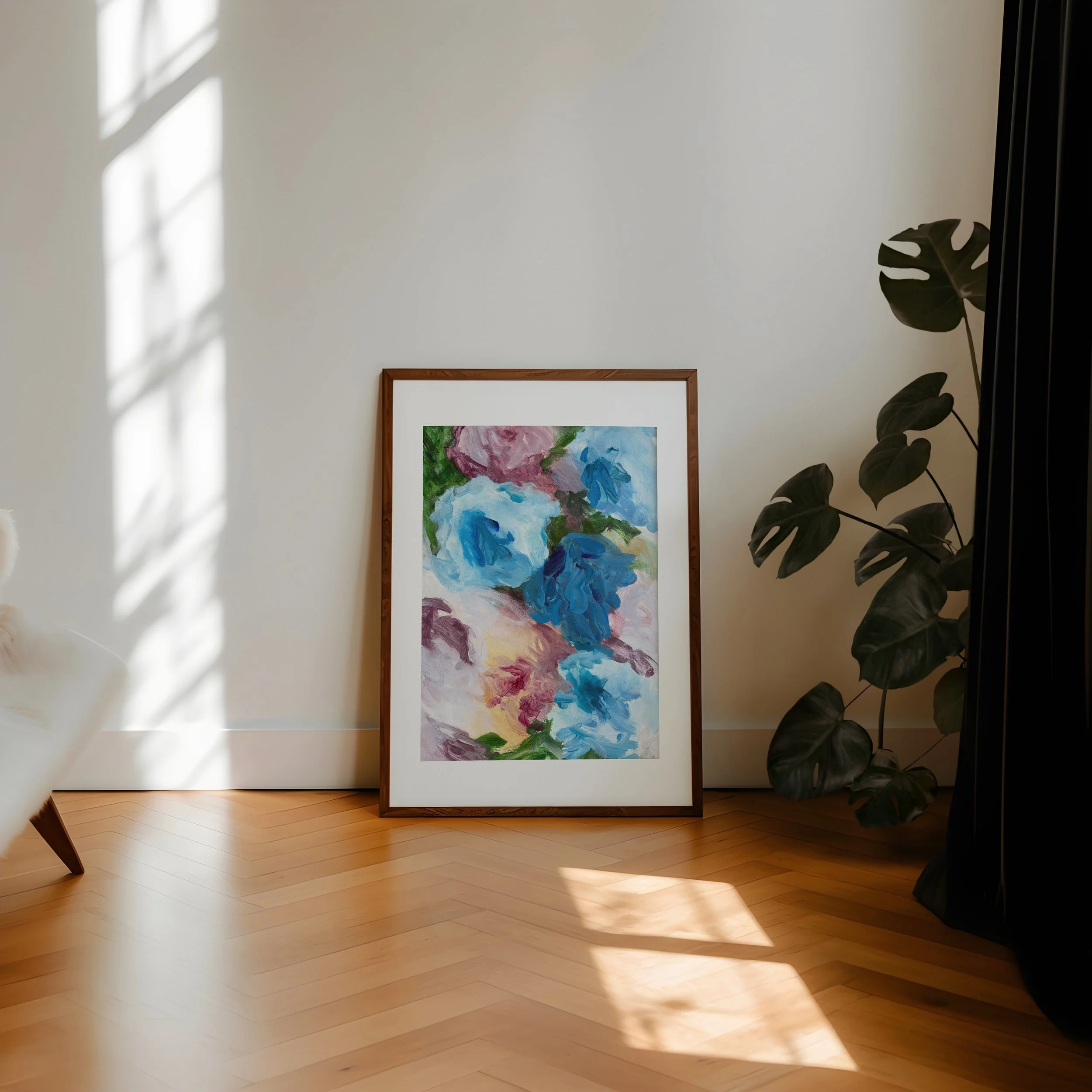 Blue abstract flower painting framed on paper 1.jpg