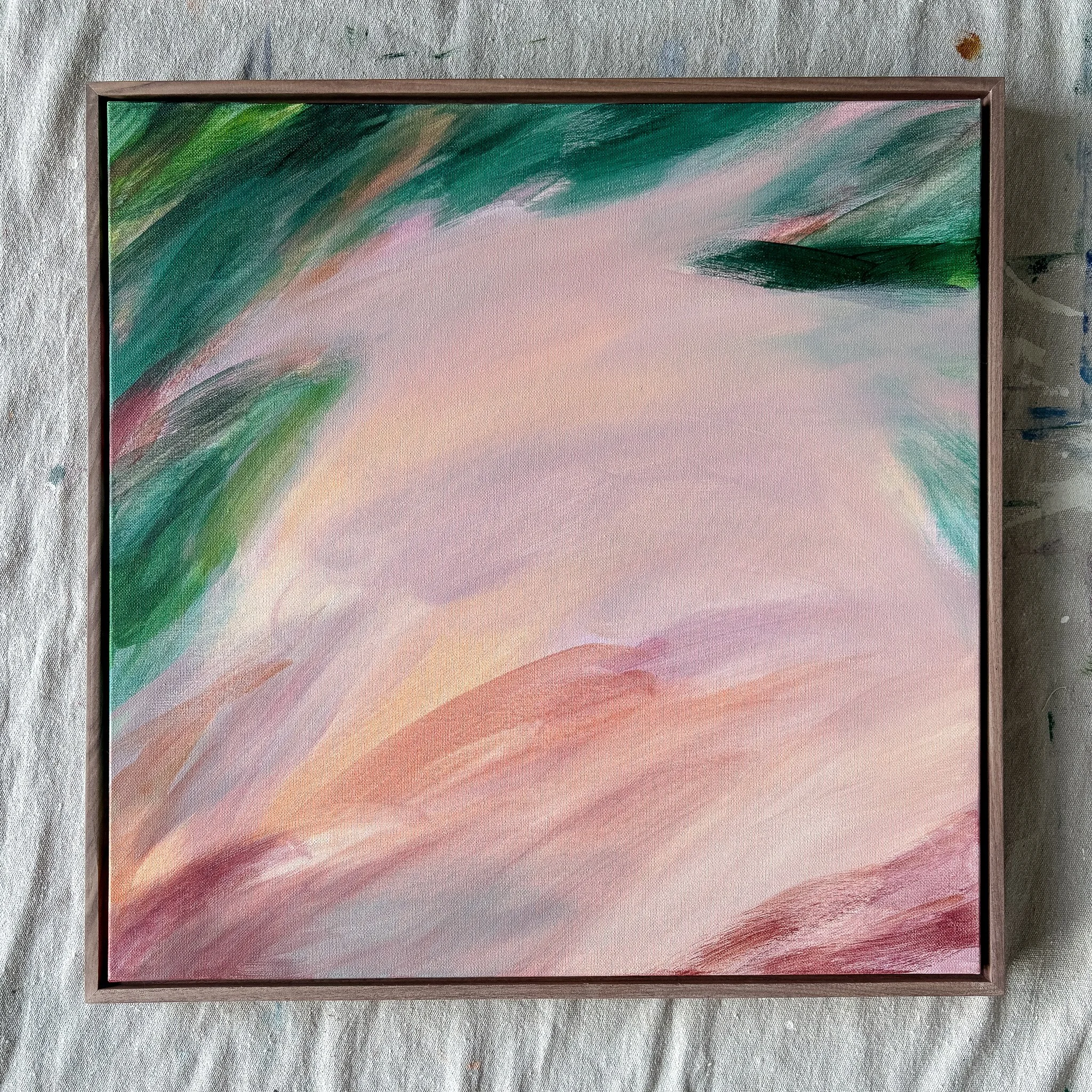 Worth the Wait_medium abstract pink and green painting on canvas framed.jpg
