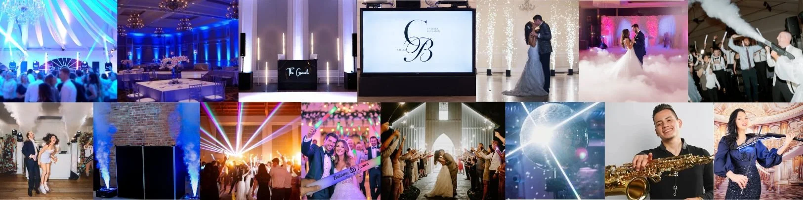 A wedding reception with dancing, music, and celebration. The images include a dance floor with guests, decorations, a DJ booth, a couple dancing, a wedding cake, a laser light show, people on the dance floor, a bride and groom, a band or DJ, and a couple sharing a first dance.