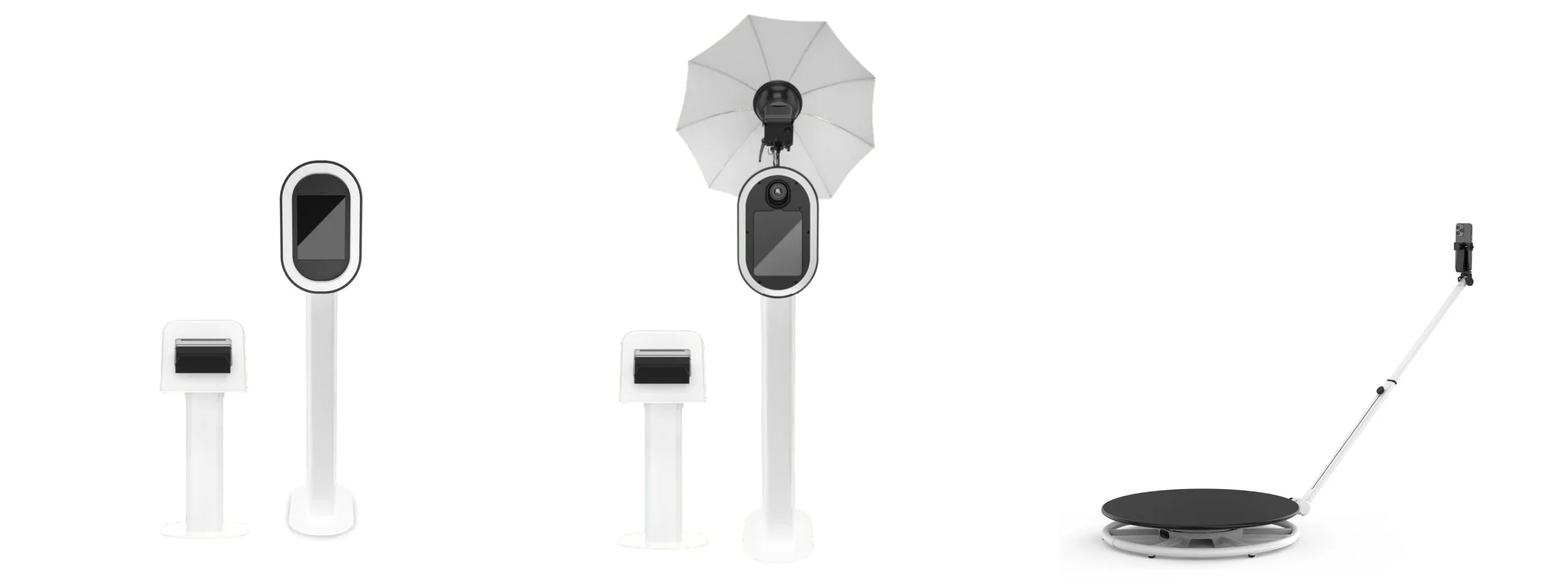 Collection of technology devices including a handheld scanner, a security camera with umbrella, a door access panel, and a balancing exercise platform with a stick attached.