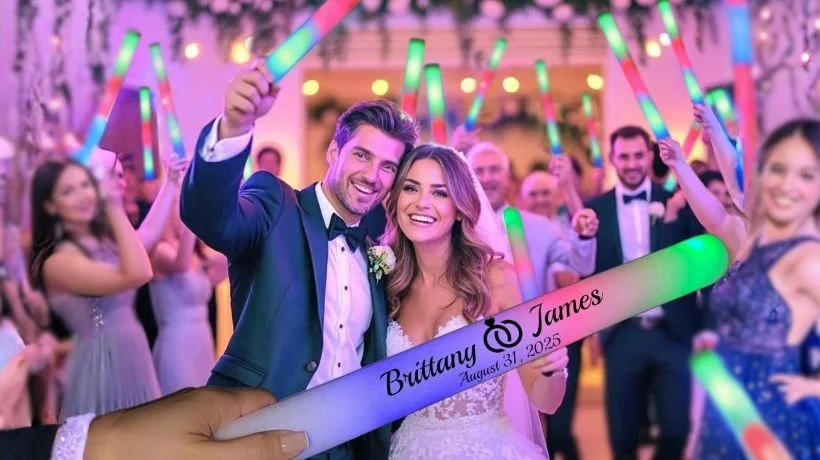 Celebrating a wedding with happy bride and groom holding a glowing stick that has the bride and groom's names and wedding date, surrounded by friends in festive attire.