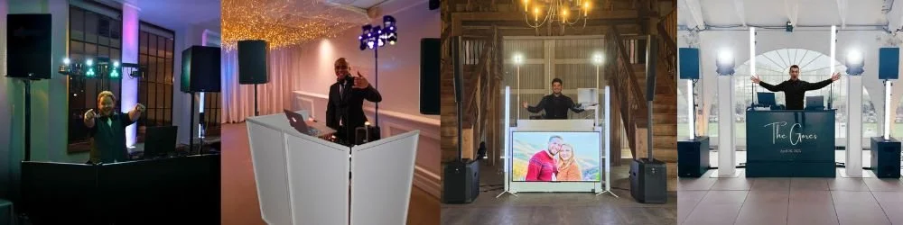 Four different DJs performing at various indoor venues, each with DJ equipment and speakers.