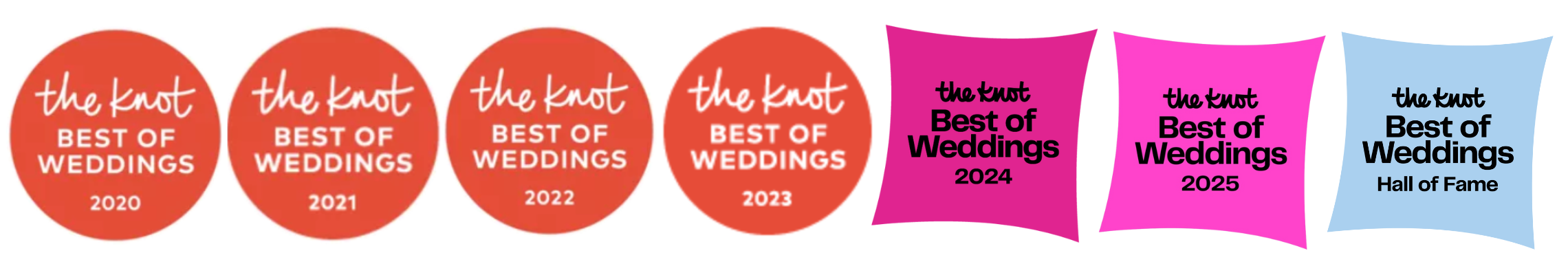 Series of awards for 'the knot' magazine, including 'Best of Weddings' for 2020-2023, 'Best of Weddings' for 2024 and 2025, and Hall of Fame, displayed as colorful curved plaques.