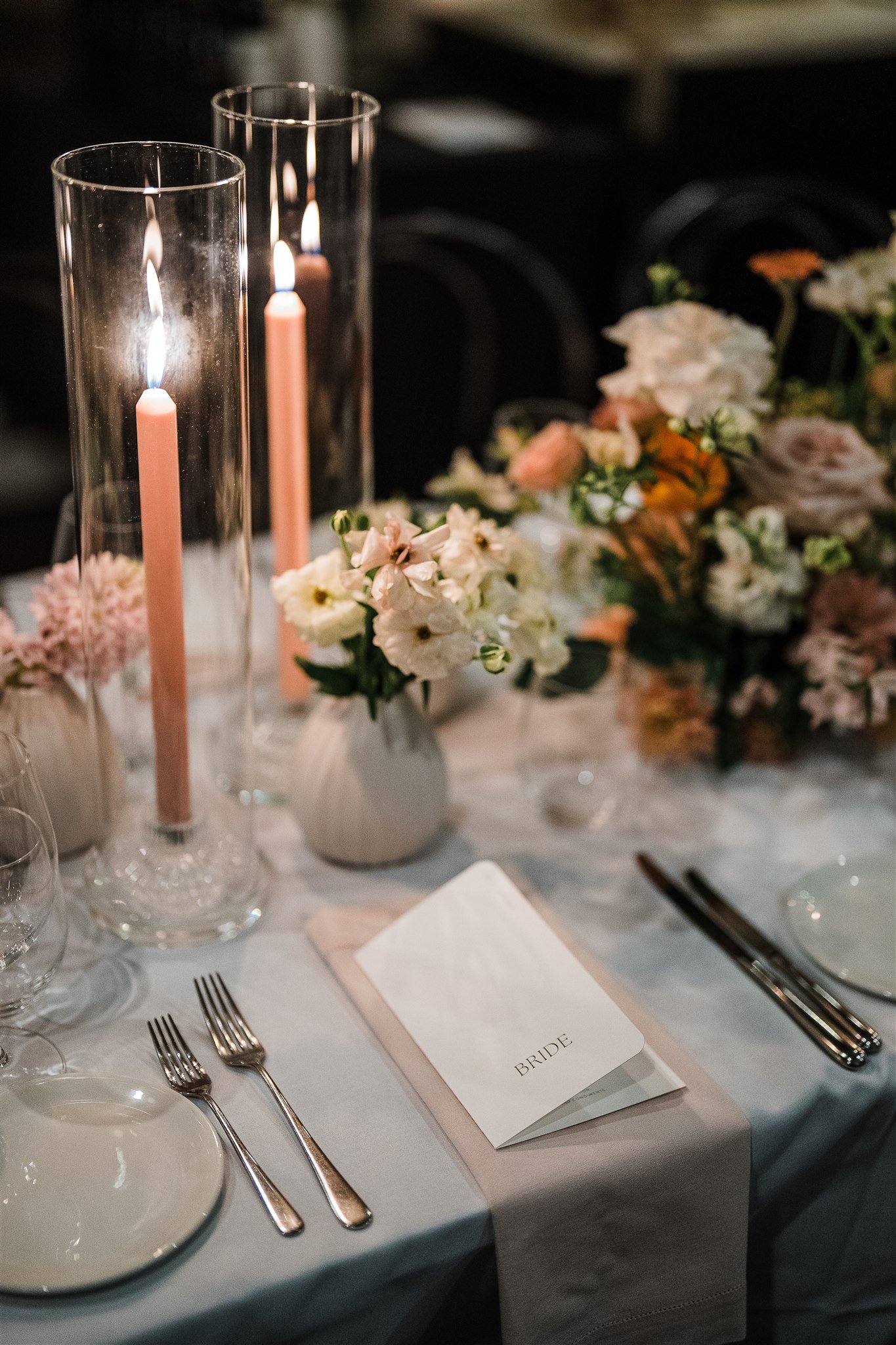 Romantic wedding table with flowers and candlelight in Perth