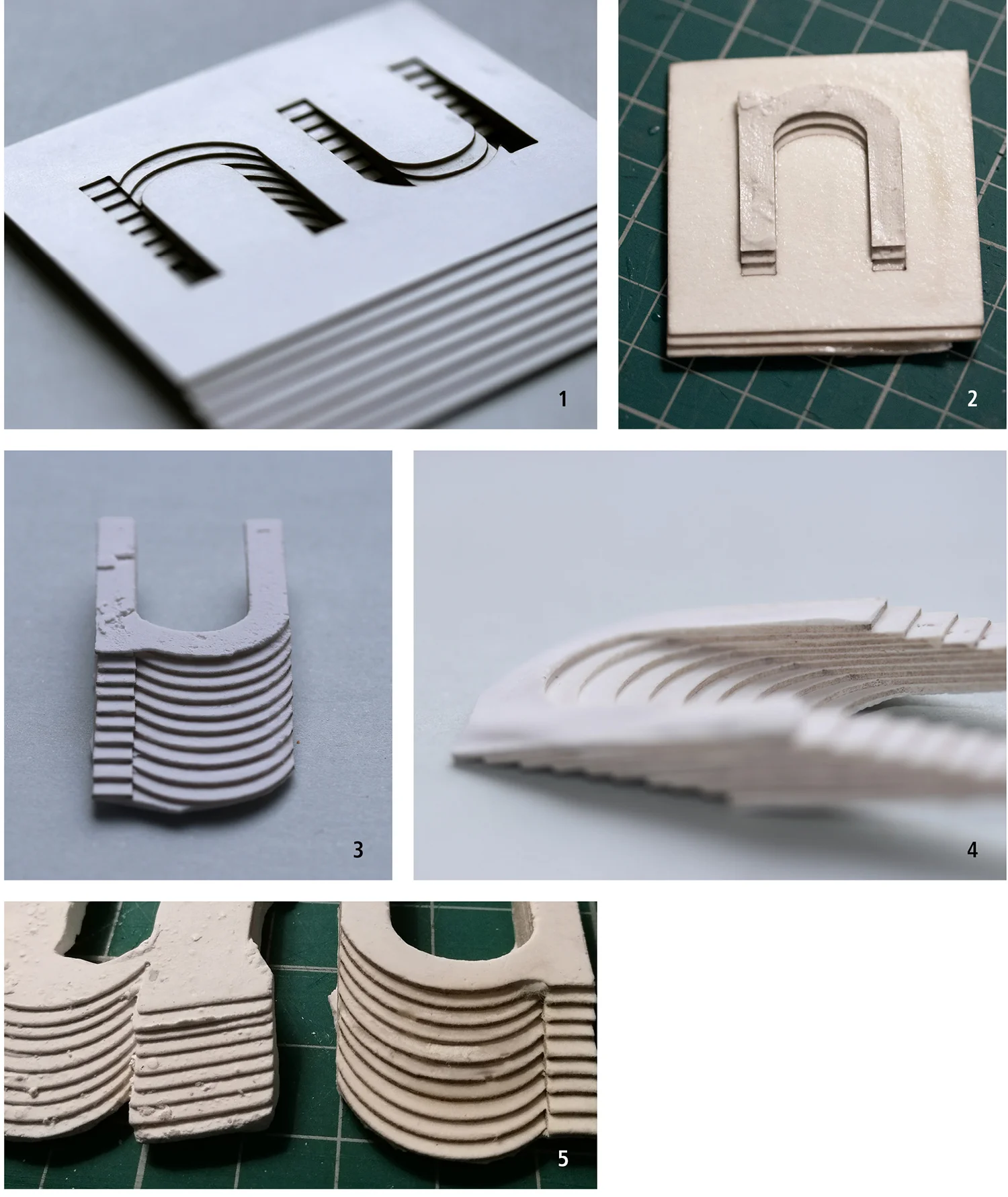 1. Paper mould created by lasercutting the same letterform over and over again and layering it at equal intervals. The mould is a negative space of the letter which was a departure from my approach for the number zero. 2. Plaster set inside the n shape of the paper mould. 3 & 4. Close ups of the plaster, when released from the paper mould. 5. Early and more developed mould trials.