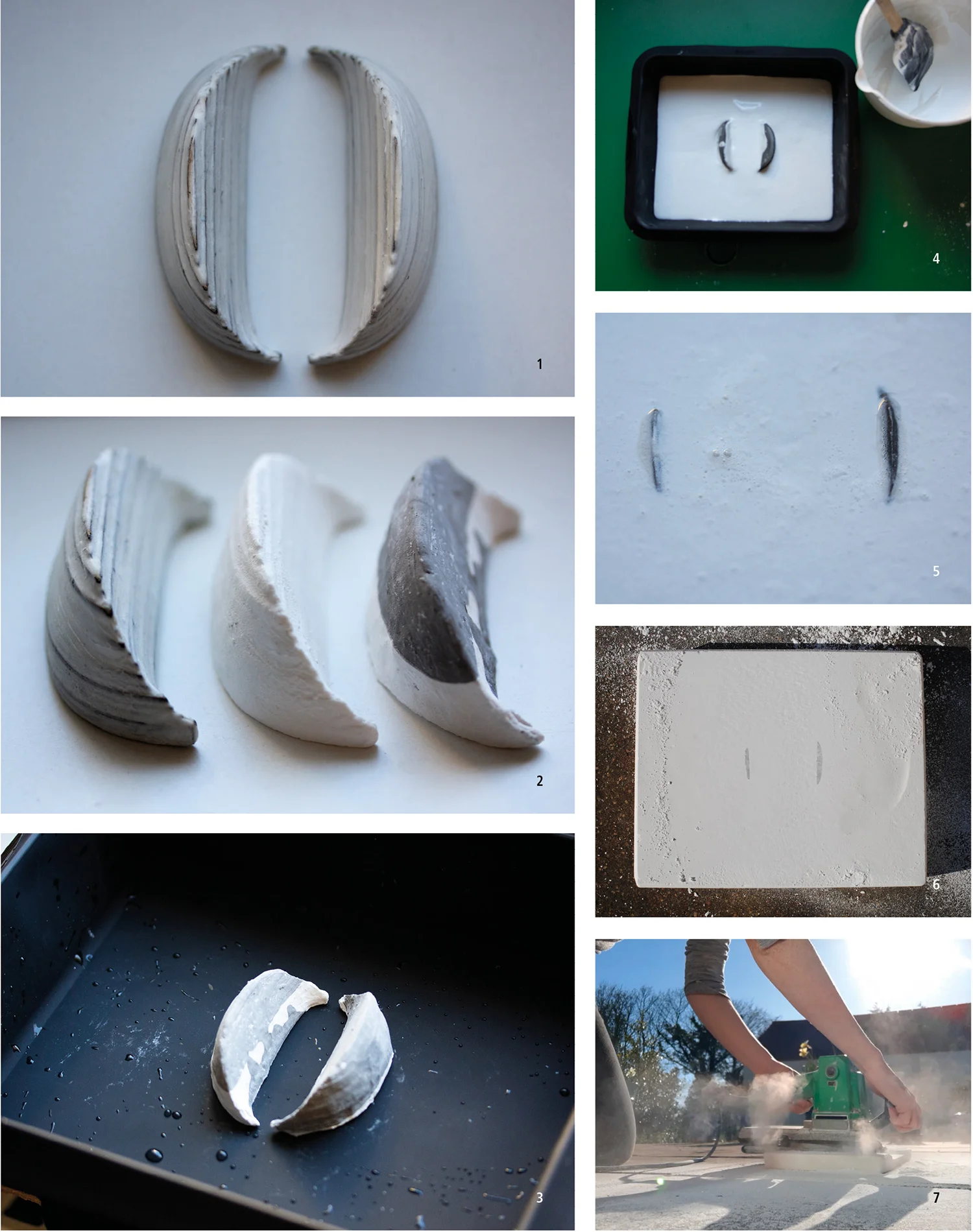 1. Mould made by cutting aeroply in the laser cutter, filling in gaps with spackle, and waterproofing with silicon spray to make alginate moulds. 2. Aeroply mould from #1 beside plaster reproductions from that mould. 3. Zero mould placed into silicon tray. 4. Filling the silicon tray with white plaster. 5. A close up of the submerged zero. 6. Beginning to sand the top of the block. 7. Me, using an electric sander to cause and observe the zero figure emerging.
