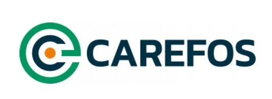 Logo van Carefos met een groen en blauw grafisch element en de naam 'Carefos'