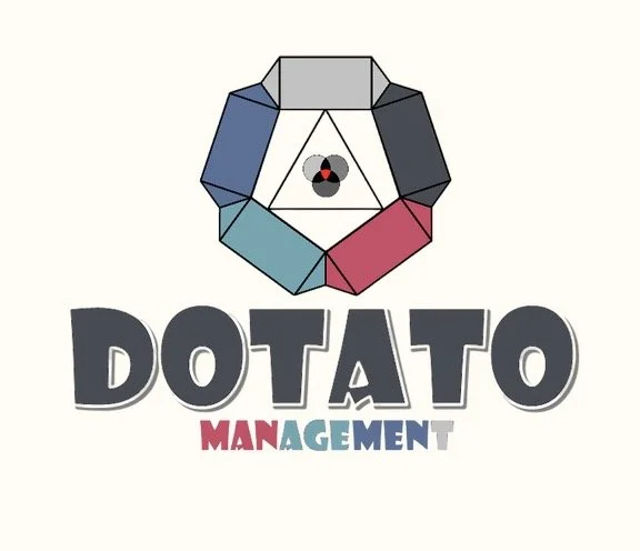 Logo met een geometrisch patroon in de vorm van een octahedron met verschillende kleuren en de tekst 'DOTA' in grote letters en 'Management' eronder.