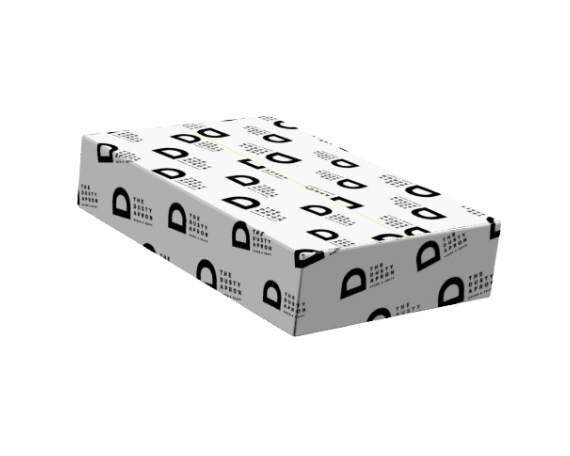 Box covered in The Dusty Apron logo for wholesale delivery