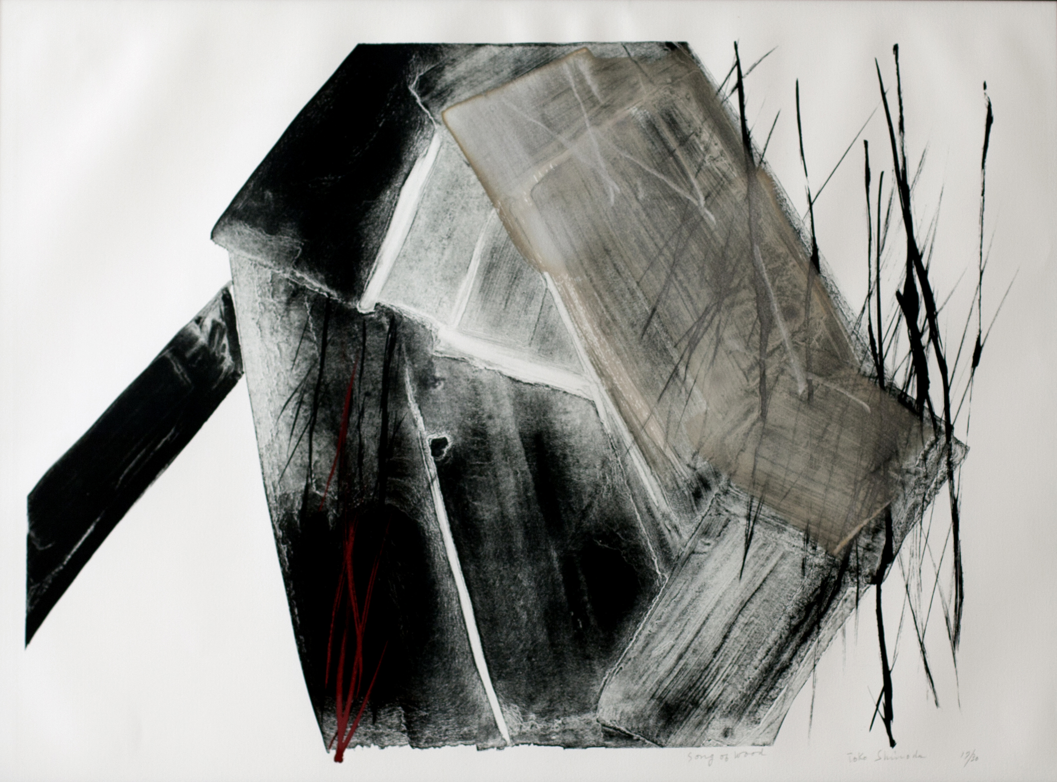 Toko Shinoda (b. 1913), Song of Wood, 1988, lithograph with Sumi and gold brush strokes, 94 cm x 130 cm (framed). 17/30.
