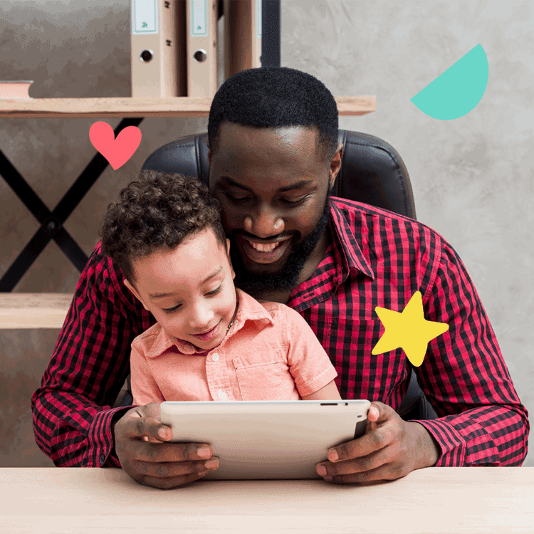 father and son using ipad to learn spanish at home