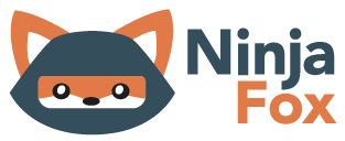 A logo of a ninja fox in navy and orange