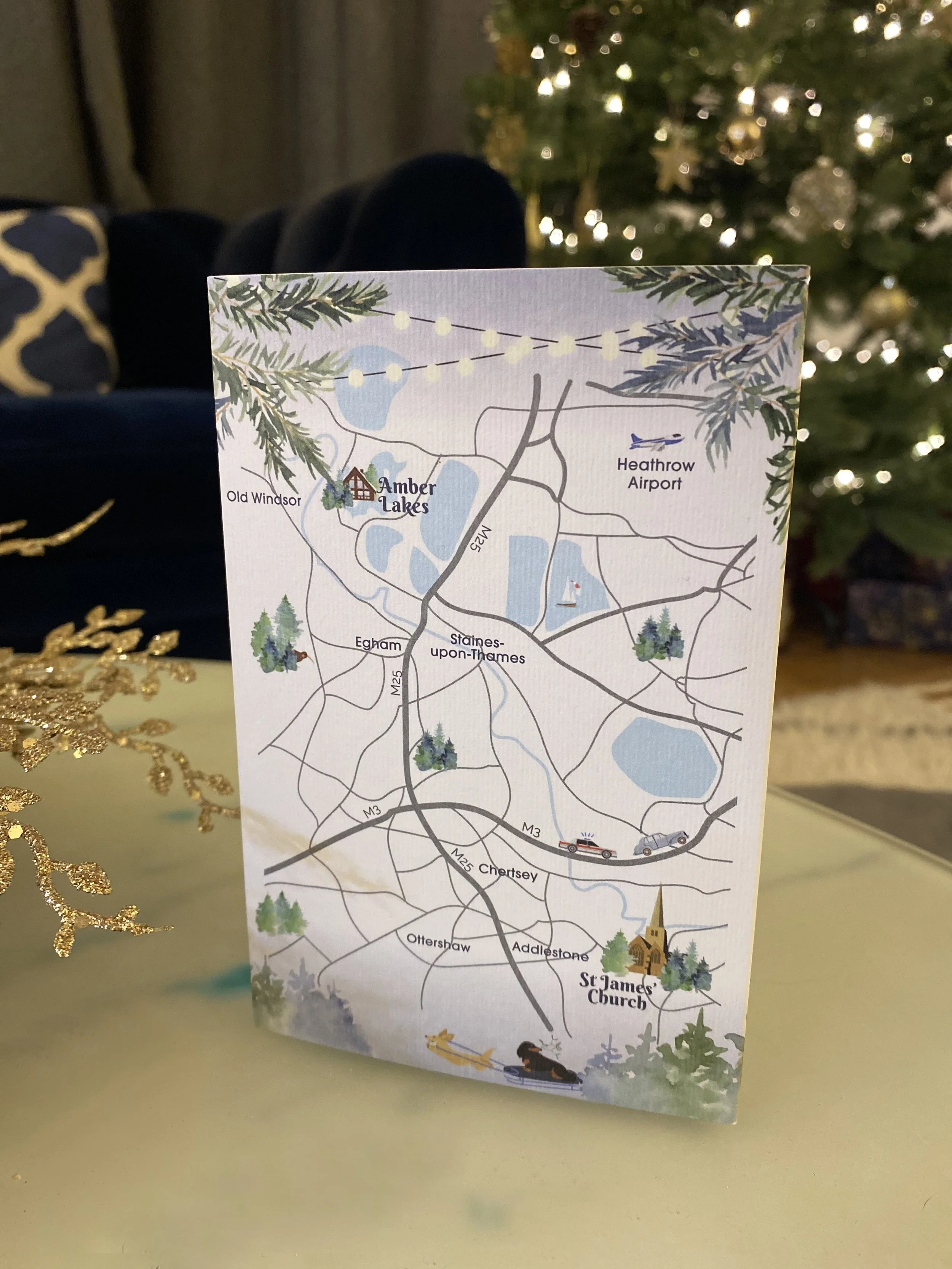 A bespoke map on the back of a custom wedding invitation showing personal details unique to the couple