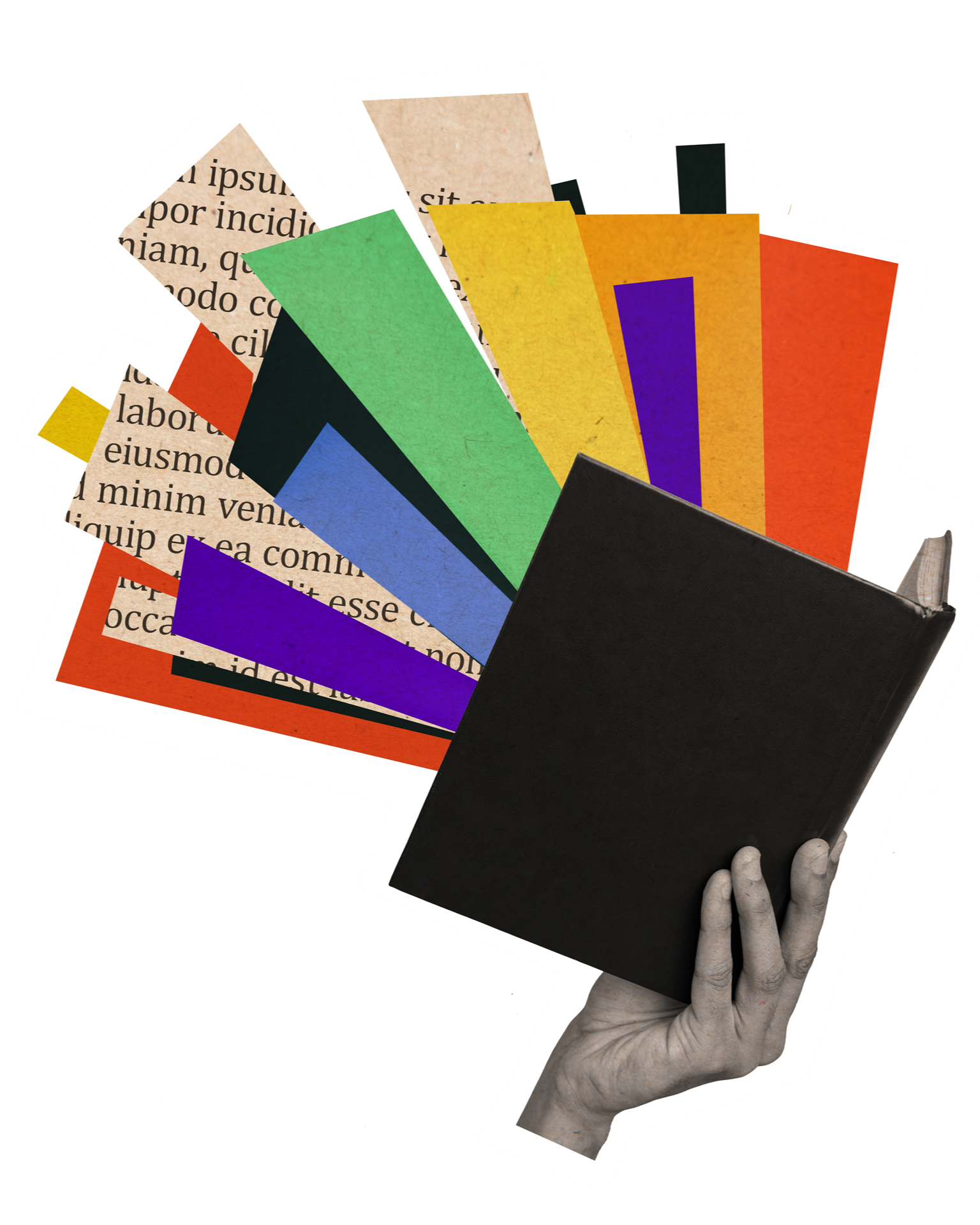 A little black book is held in a hand and there are colourful rays of paper coming out of it