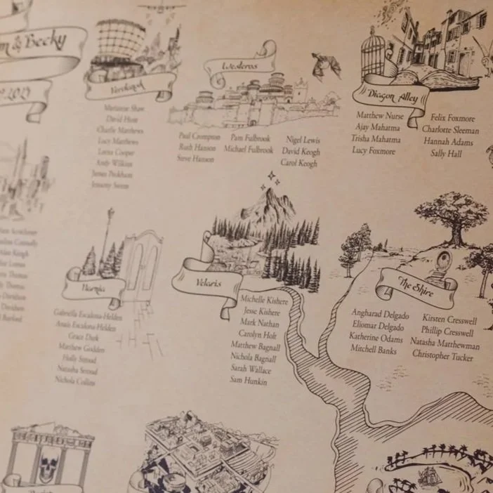 A detail from a custom map wedding table plan designed as a vintage treasure map