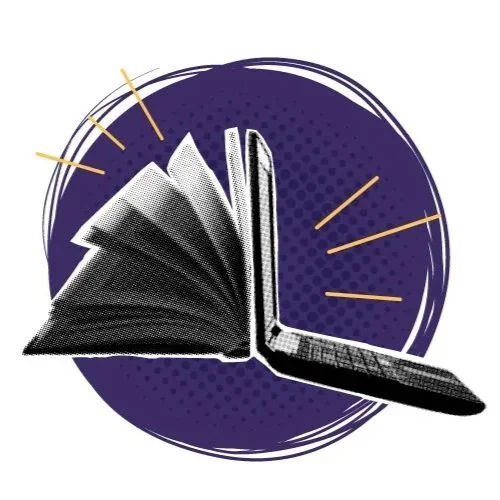 A collage illustration of a book opening and turning into a laptop – analogue to digital - wedding ideas straight to your inbox