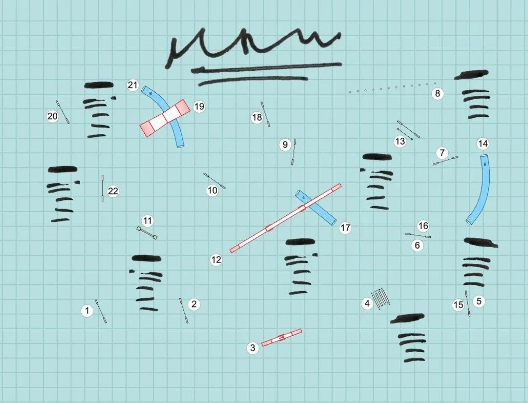 An annotated diagram showing how an agility course design could be turned into a wedding table plan