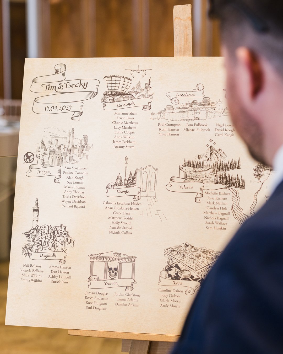 Vintage map table plan created with places from fiction – books, games, films and television. Truly unique and personal to the couple and their wedding day