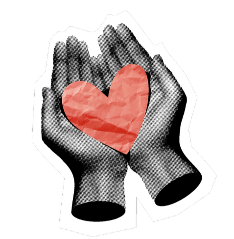 Collage of hands cupping a red paper heart