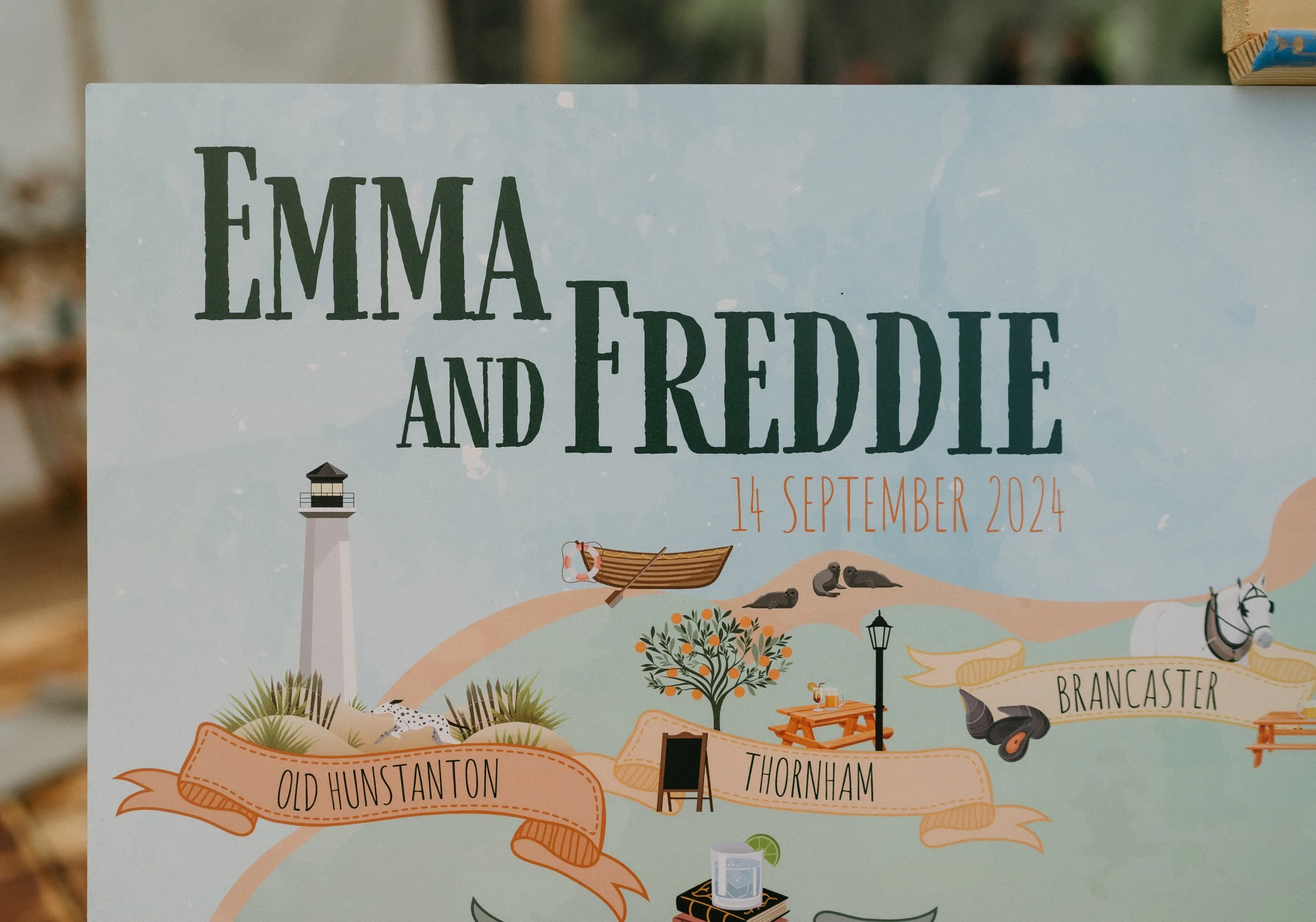A detail from a custom wedding table plan of the Norfolk coast