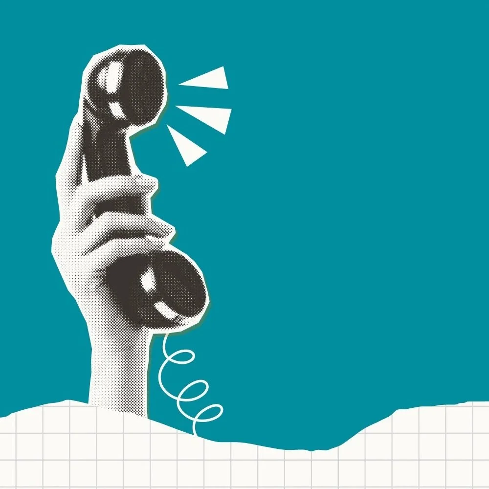 A collaged image of a hand holding an retro telephone receiver with a blue background