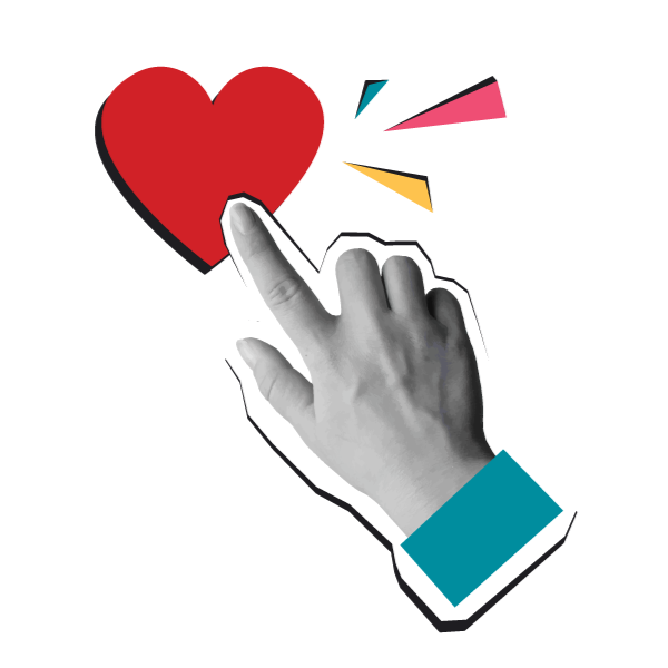 A collage of a hand with a pointed finger 'clicking' on a red love heart