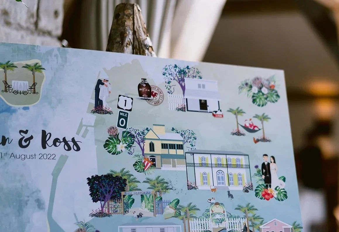 Photo by Joshua Wyborn - Detail of an illustrated wedding table plan based on a map about Key West with lots of personal touches