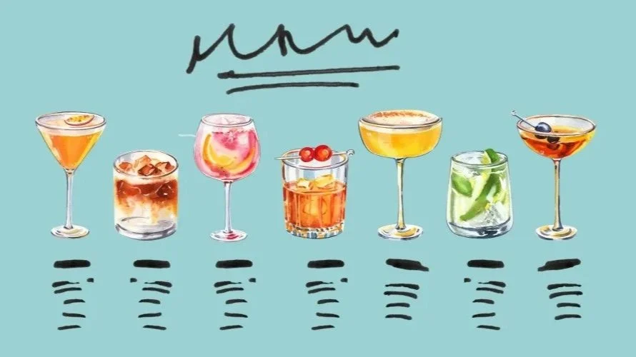 A row of illustrated cocktails with squiggles above and below representing guest names and demonstrating a wedding table plan idea
