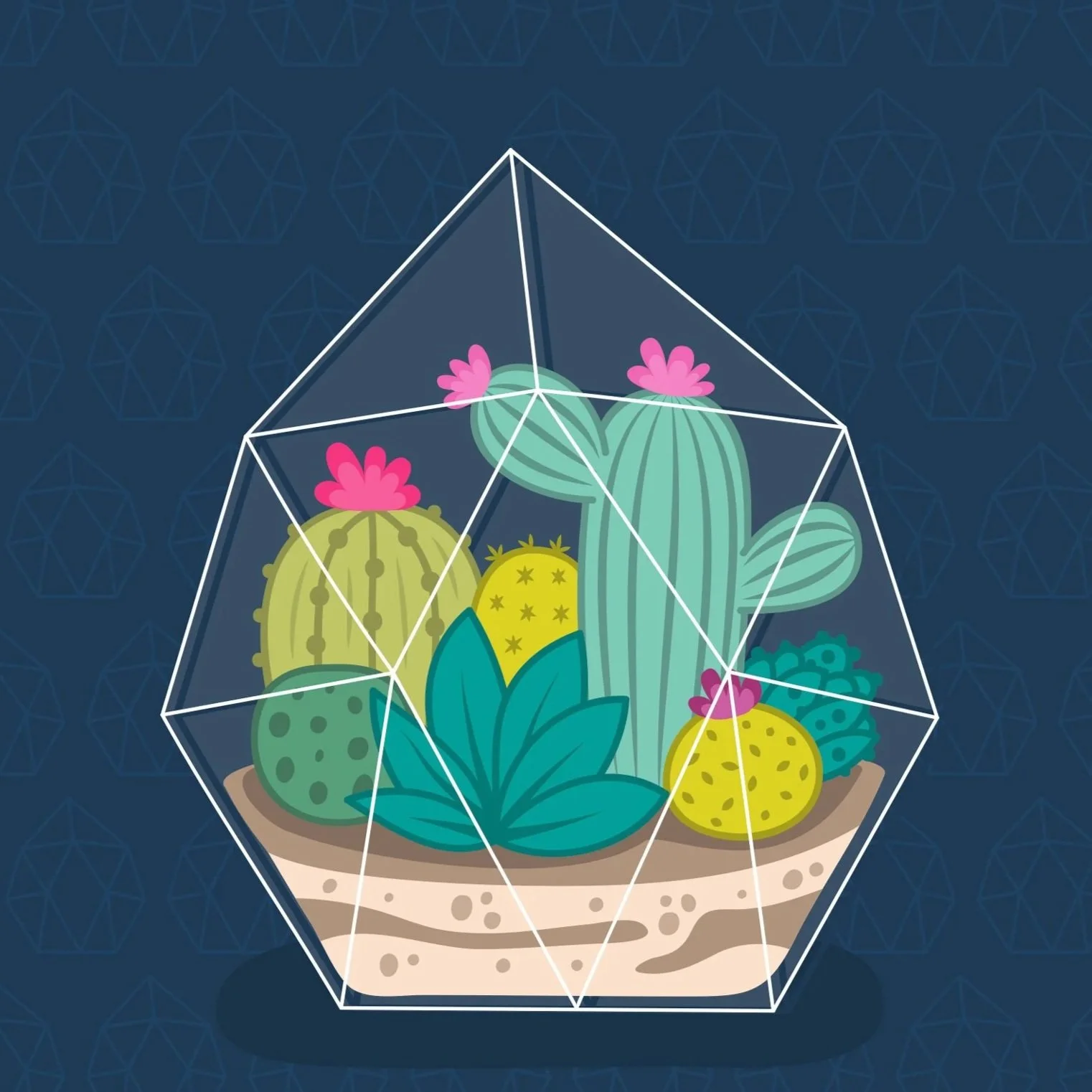 A graphic illustration of a colourful terrarium against a dark blue background