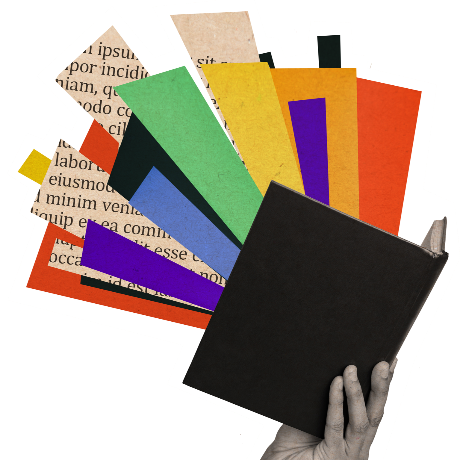 A black book with brightly coloured strips of paper radiating from it