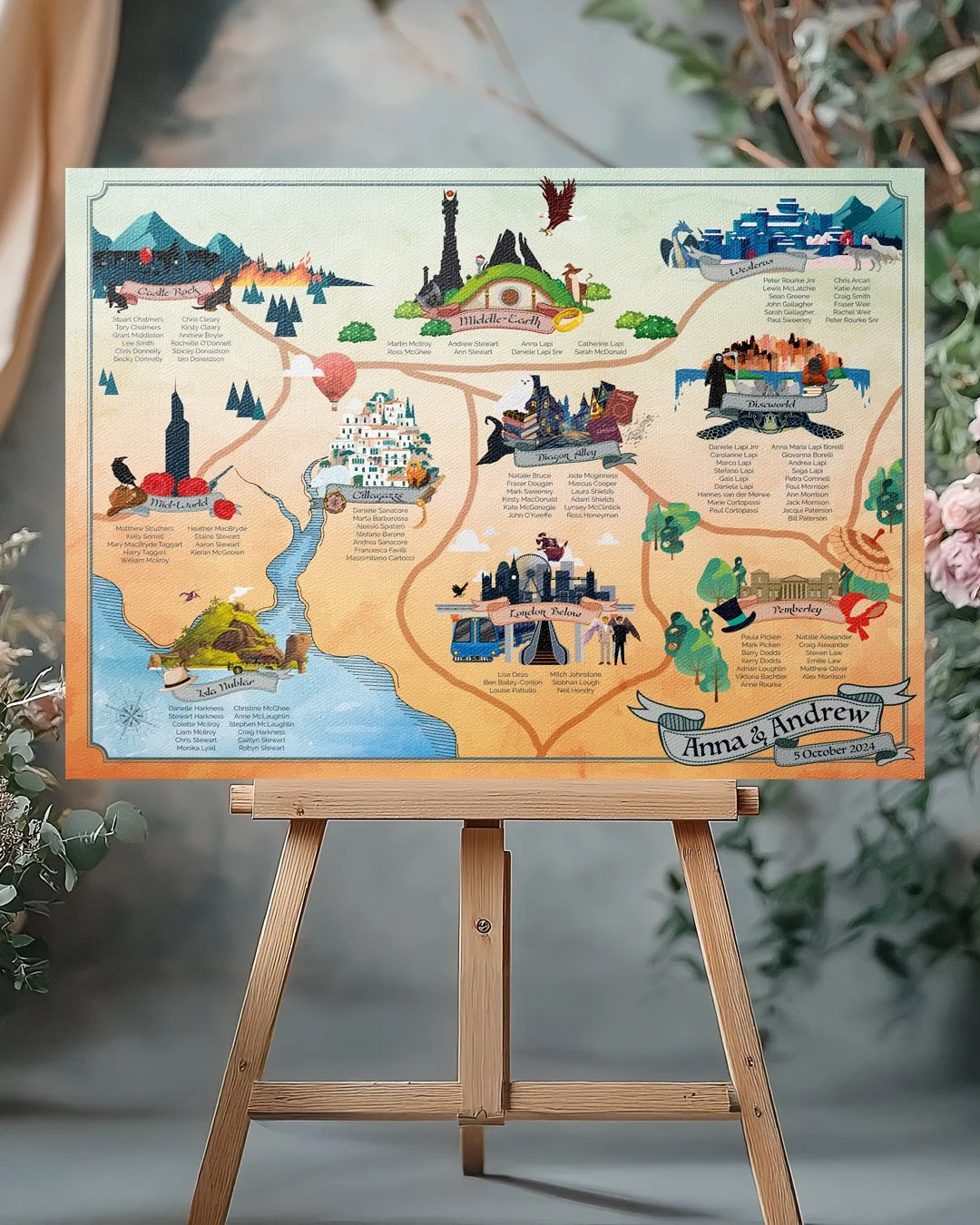 unique wedding table plan map illustrated with place from fiction, books, films and television, brought together in a unique map for this couples wedding