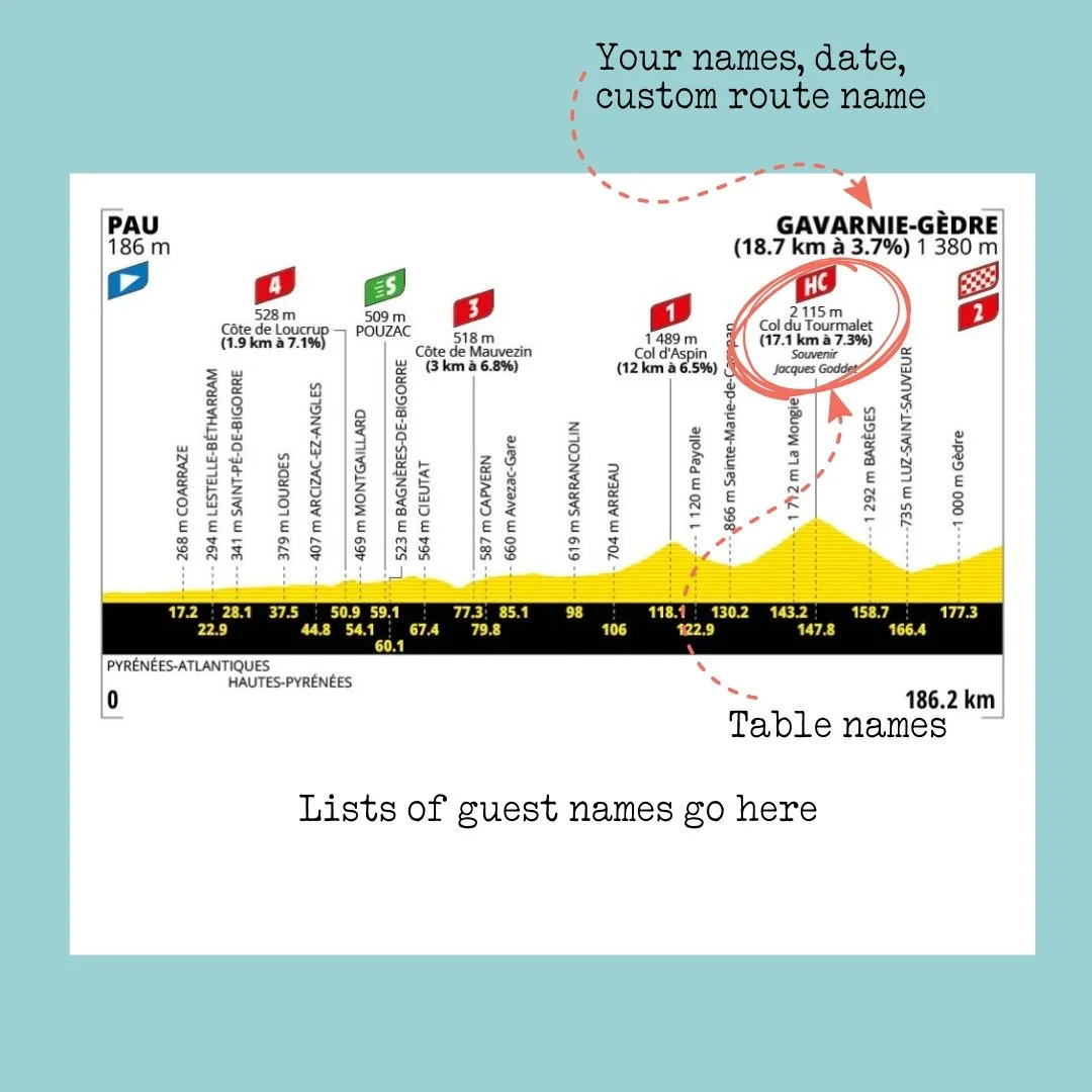 A annotated visual of the route profile with ideas of how it could work as a table plan