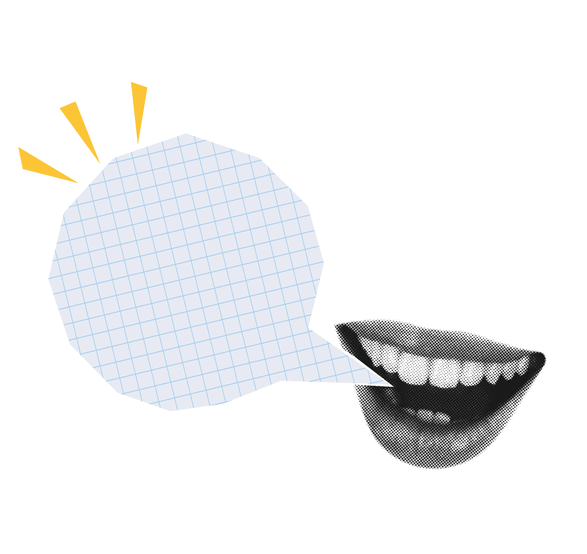 A paper collage of a mouth and speech bubble