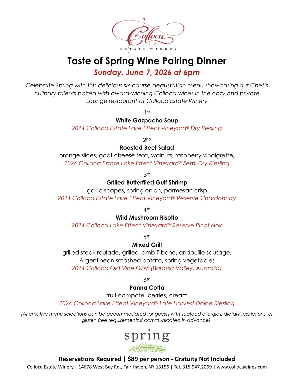 Spring Wine Pairing Dinner at the Winery!