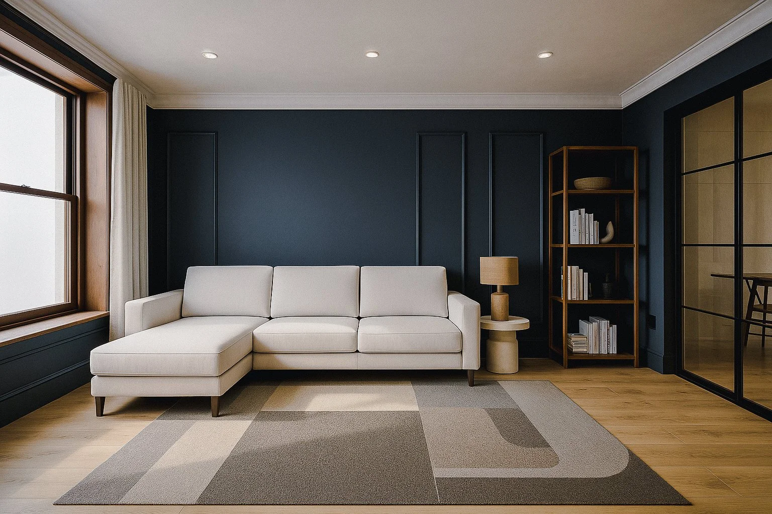 Modern living room Ireland with a white sectional sofa, dark blue accent wall, wooden bookshelf with books and decor, a round lamp on a side table, large window, wood flooring, and a geometric patterned area rug.