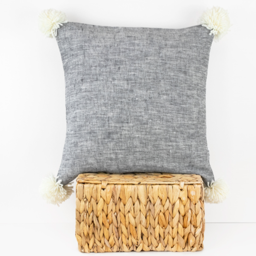 Linen and Stripes - Dark Grey Linen Pillow Cover With Cream Pompoms