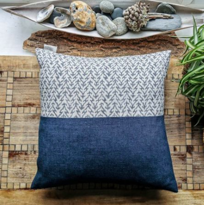 Millie and Rose Designs - BLUE LINEN CUSHION – MUSSEL ON GREY AND INDIAN INK