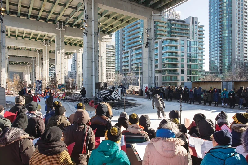 A figure-eight shaped skating trail was the first section of The Bentway to open, and has proved popular with locals and visitors. Over the following year, it was joined by gardens, an amphitheatre, and other gathering areas. Photo by Andrew Williamson.