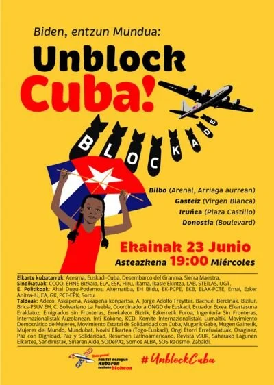 Concentraciones en Bilbao, Donostia, Gasteiz e Iruñea el 23 de junio: "Biden, escucha al mundo: Unblock Cuba!