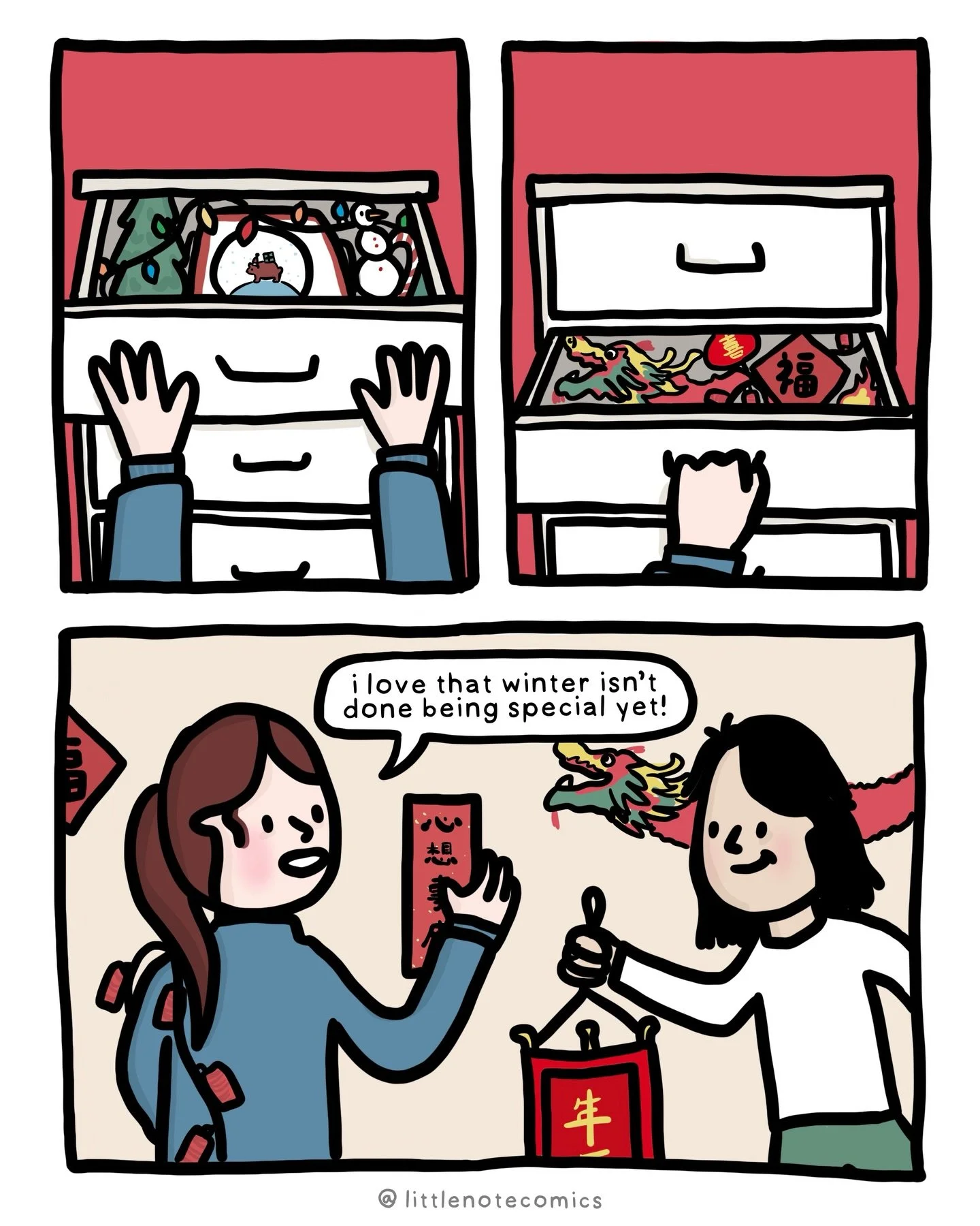 Christmas is out, lunar new year is in! I love our themed basement drawers full of seasonal decor. Swipe to see the real drawers! 😂 #comic