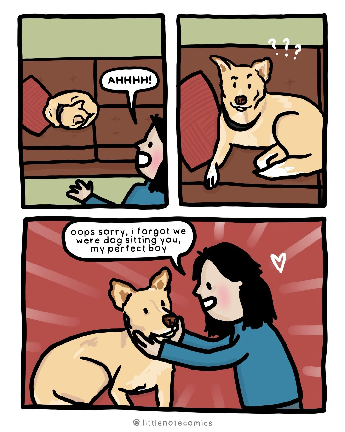 Oops, I forgot we were watching our friends&rsquo; dog for a moment! He bagels up and the blob startled me. #comic