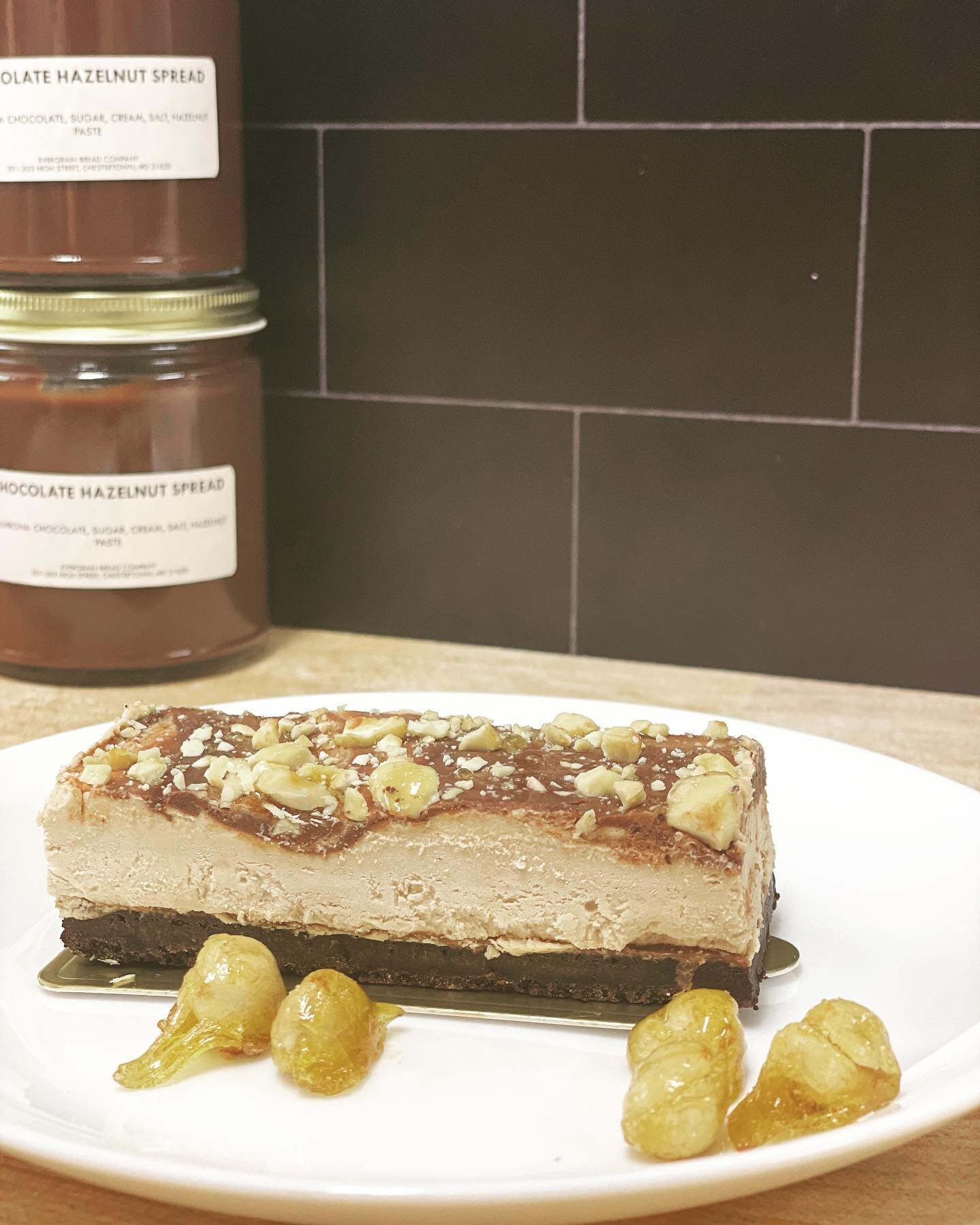 Nutella cheesecake mousse bar topped with candied hazelnuts! &hellip;Don&rsquo;t forget you can also pick up a jar of homemade chocolate hazelnut spread any time!