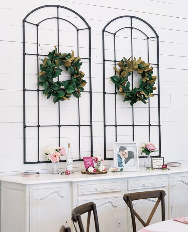 Did you know? We have two white French buffets with double iron gates hanging above them in the Gathering Room that are ideal for your guestbook, desserts, or whatever you dream up! Fun fact: one of these buffets was hauled all the way from Santa Fe,